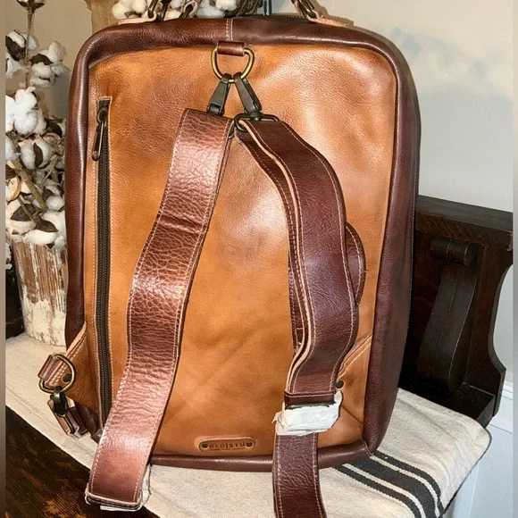 NWOT Bed Stu Leather Kamet Backpack Laptop Bag Tan Teak Rustic MSRP $599